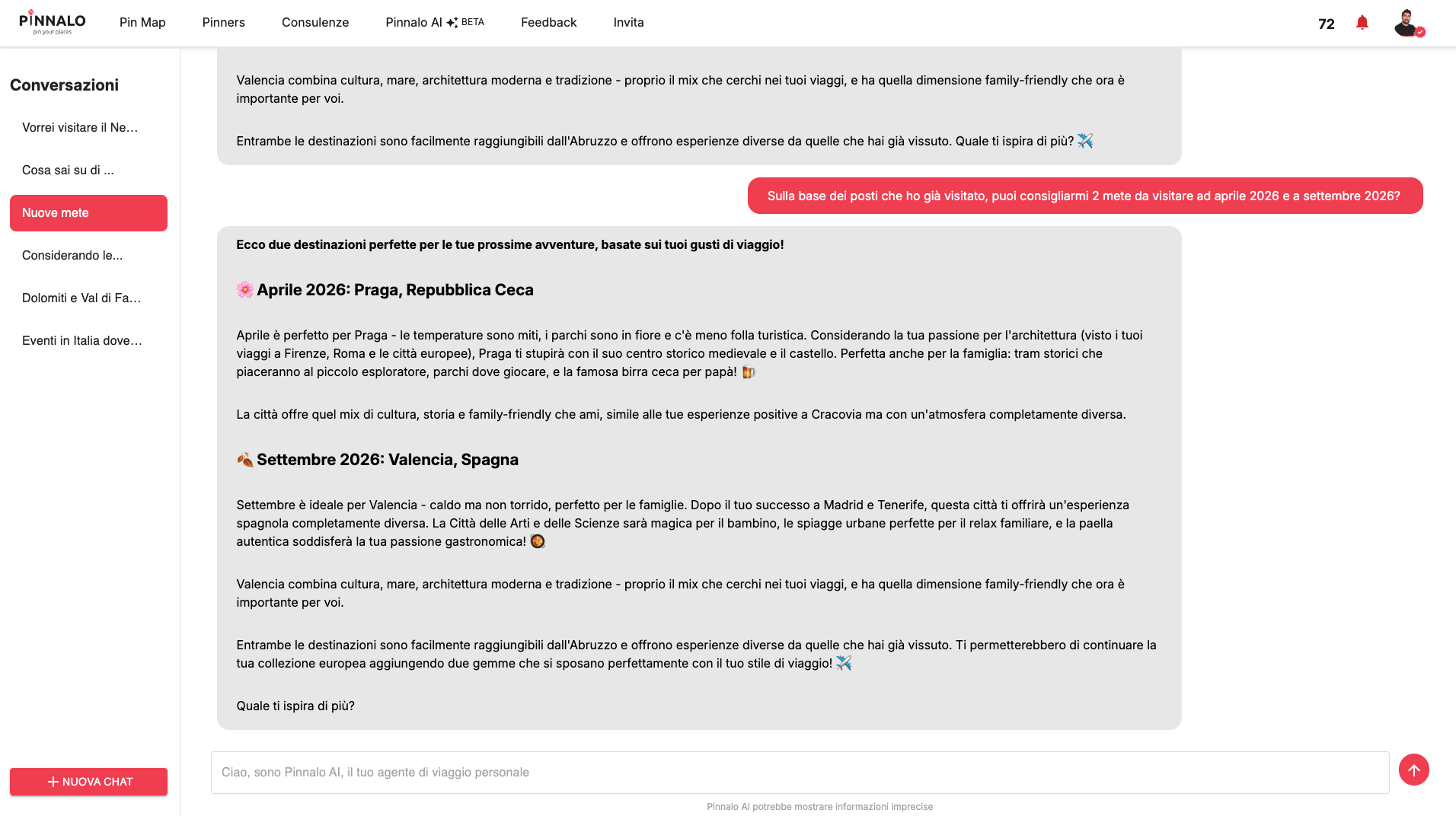 Screenshot dei suggerimenti di viaggio AI